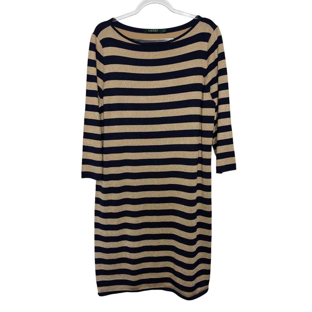 Lauren Ralph Lauren Sheath Dress XL Navy Gold Metallic Striped 3/4 Sleeve